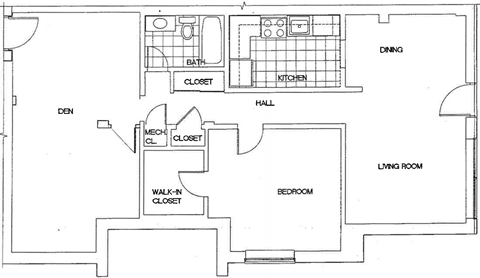 Floor plan for 1 bed, 1 bath, 768 sqft